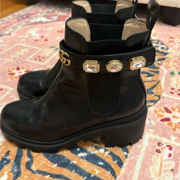 Gucci Black Leather Ankle Boots with Gold Crystal Strap - Picture 3 of 6